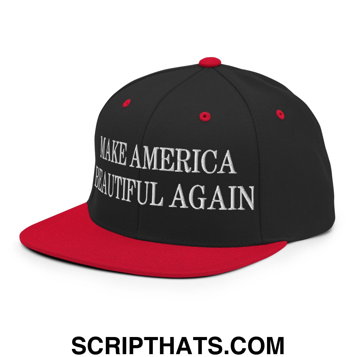 Make America Beautiful Again embroidered flat bill brim snapback hat in black and red with white text