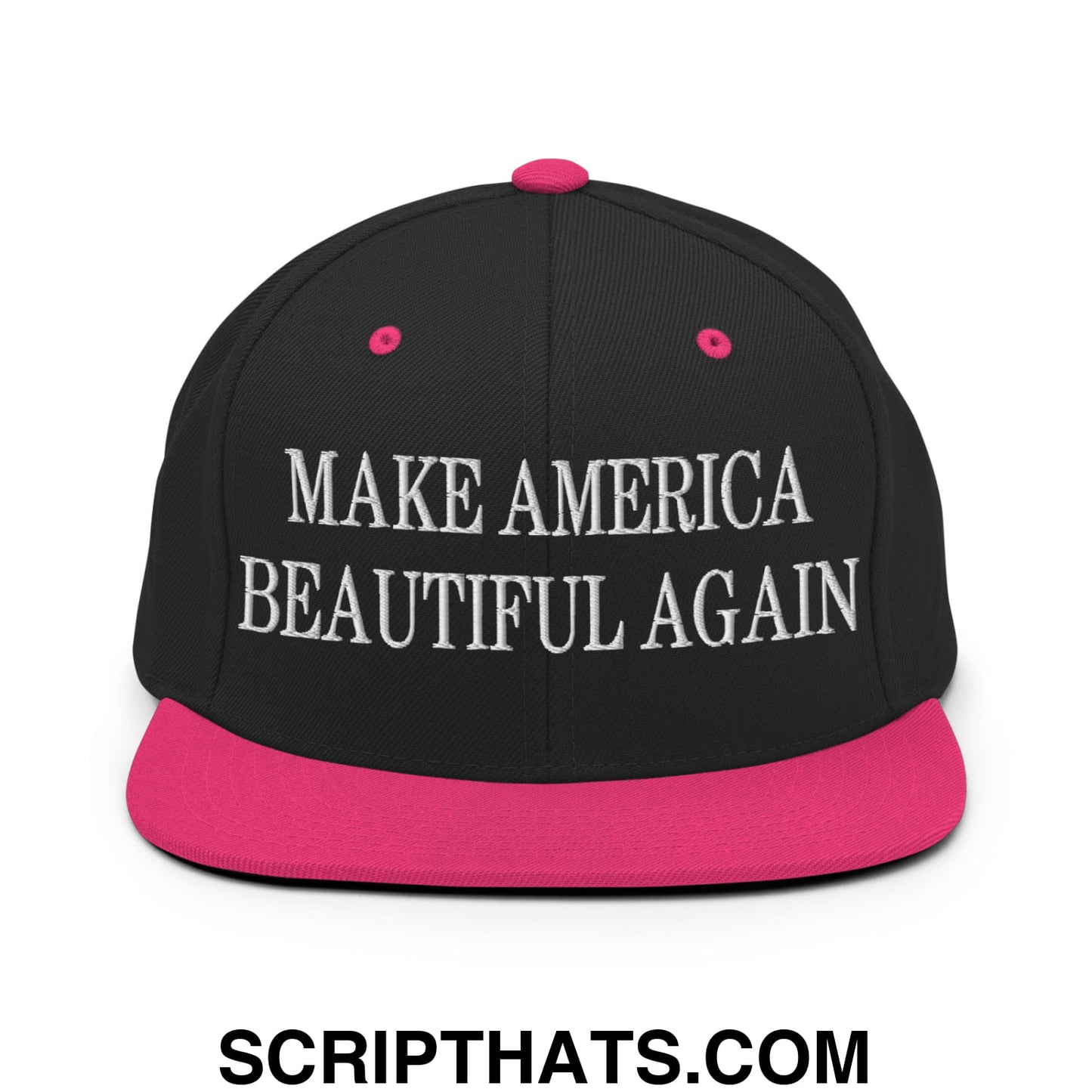 Black snapback cap with vibrant pink brim and button featuring white embroidered make america beautiful again text