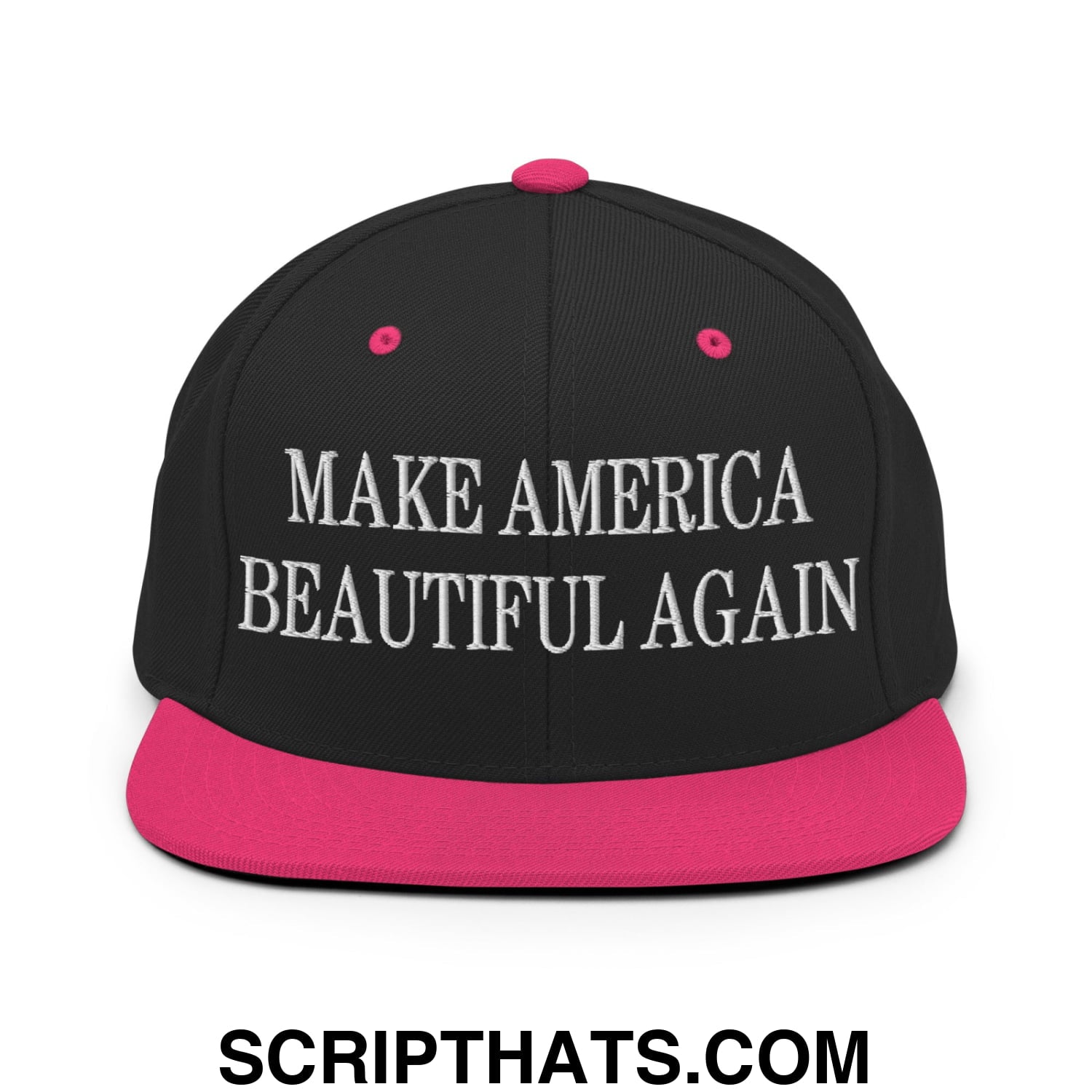 Black snapback cap with vibrant pink brim and button featuring white embroidered make america beautiful again text