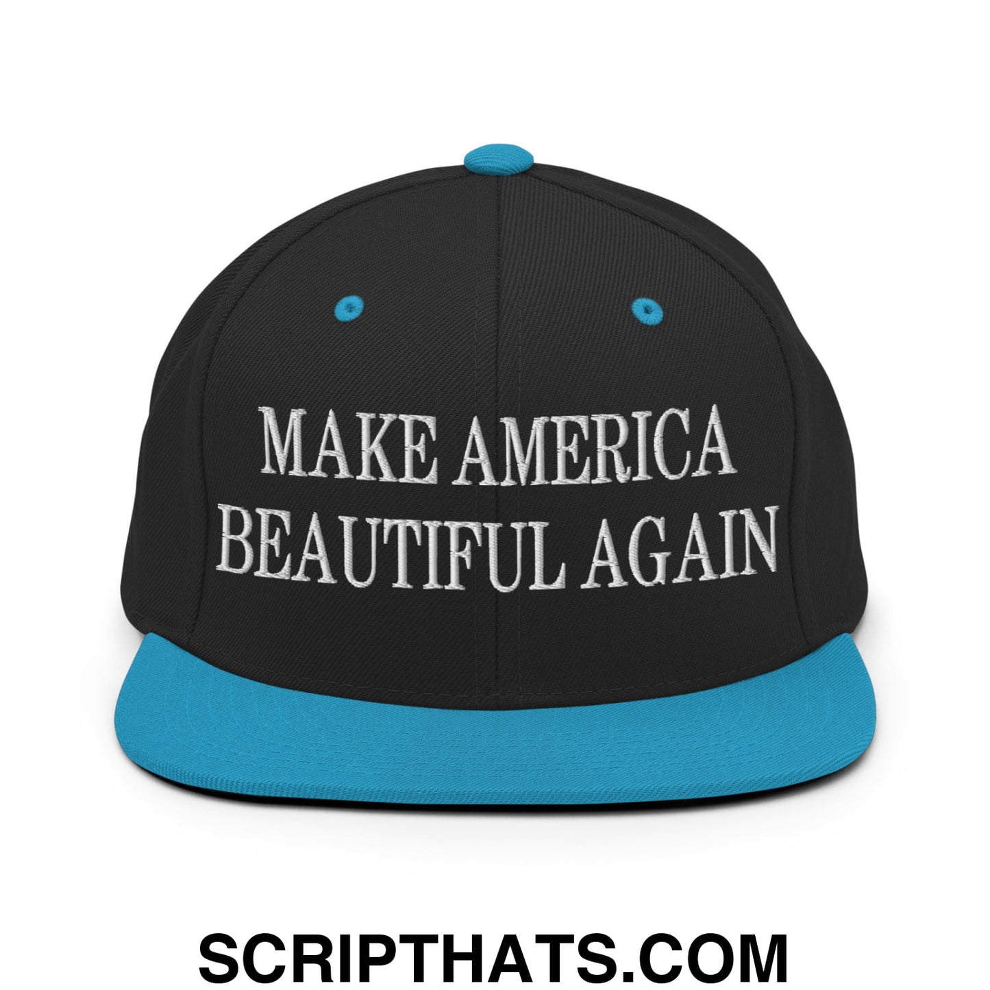Black snapback cap with teal brim and button featuring white embroidered make america beautiful again text