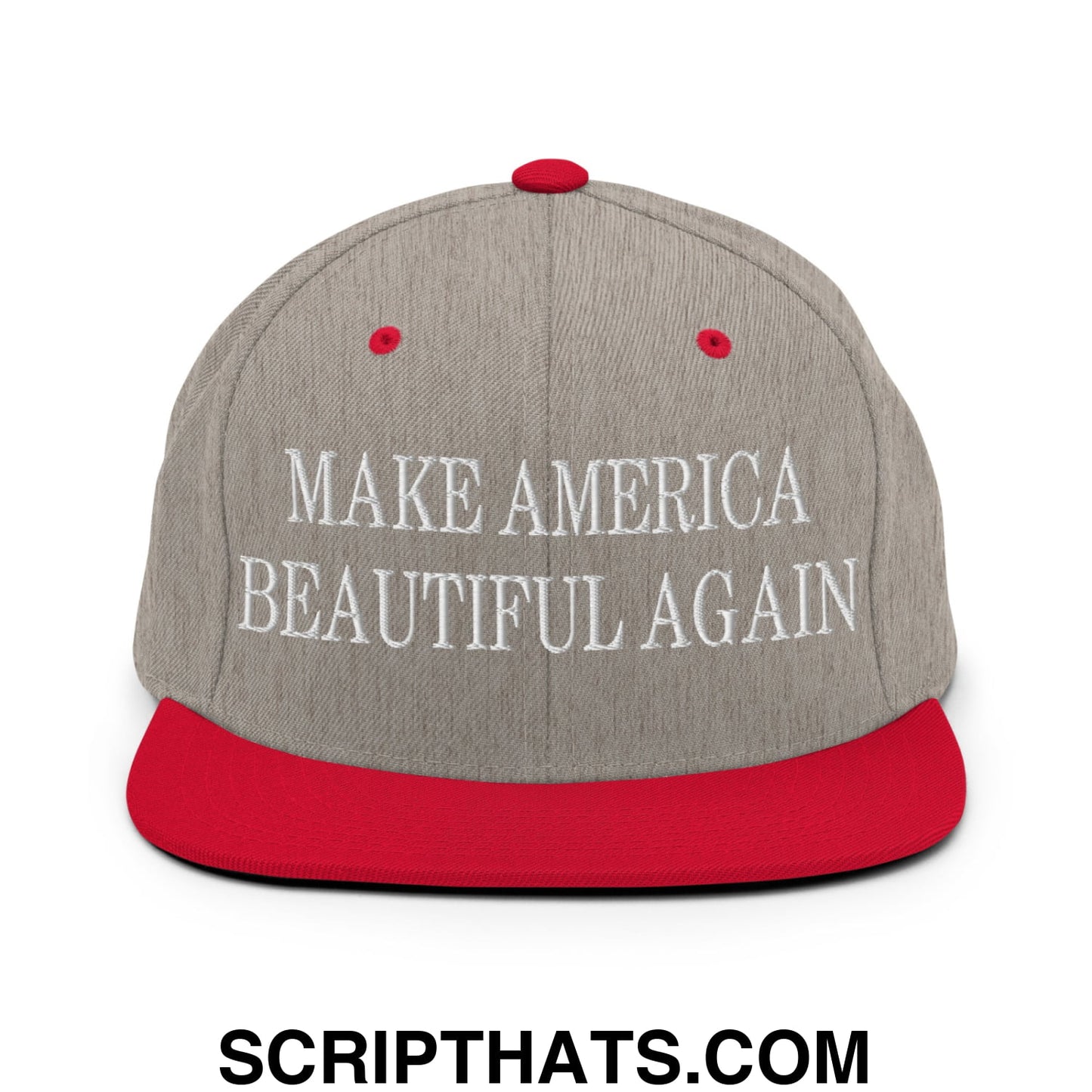 Make america beautiful again embroidered flat bill snapback hat in gray and red with white text on front