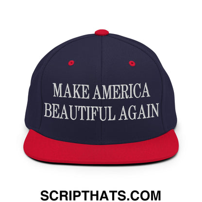Navy blue and red snapback hat with white embroidered make america beautiful again text and flat bill brim design
