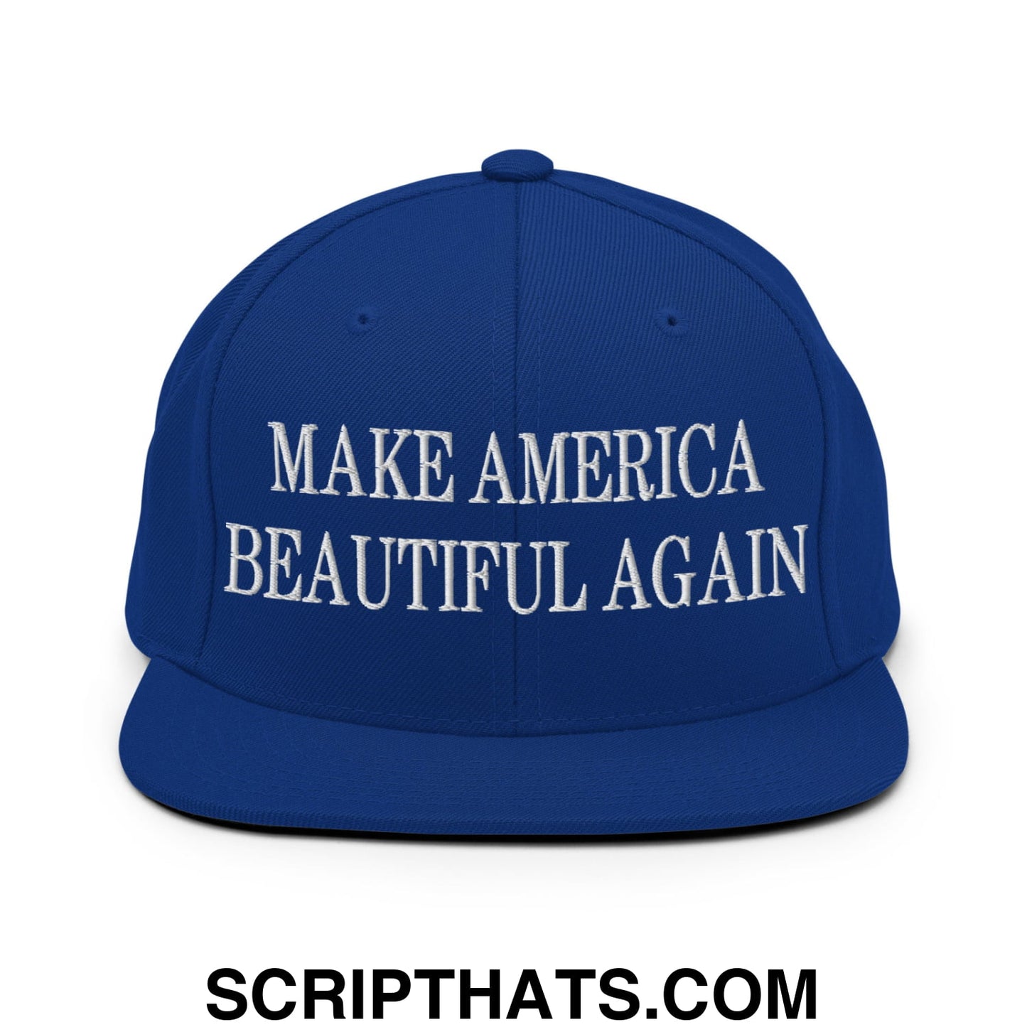 Royal blue flat bill snapback hat with white embroidered make America beautiful again text