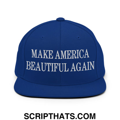 Royal blue flat bill snapback hat with white embroidered make America beautiful again text