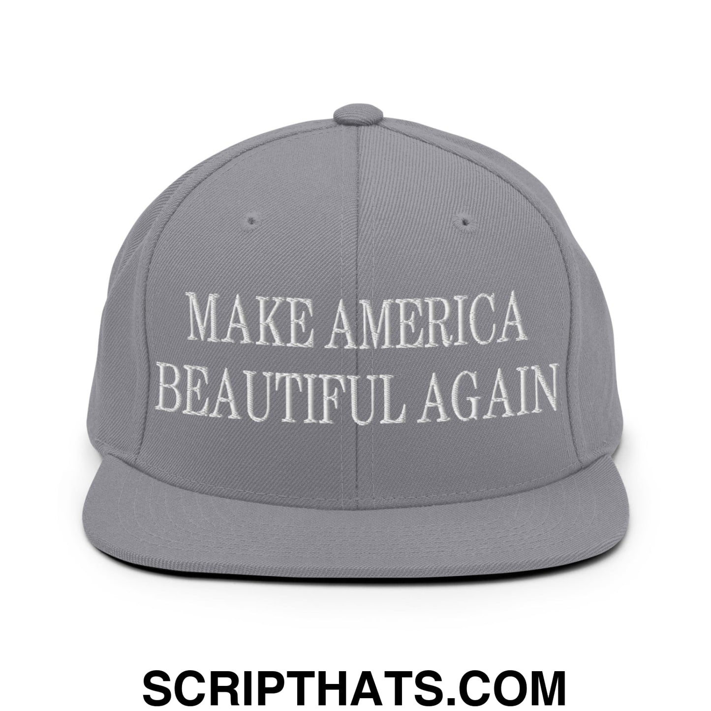 Gray snapback cap with white embroidered make america beautiful again text and flat bill brim for casual wear