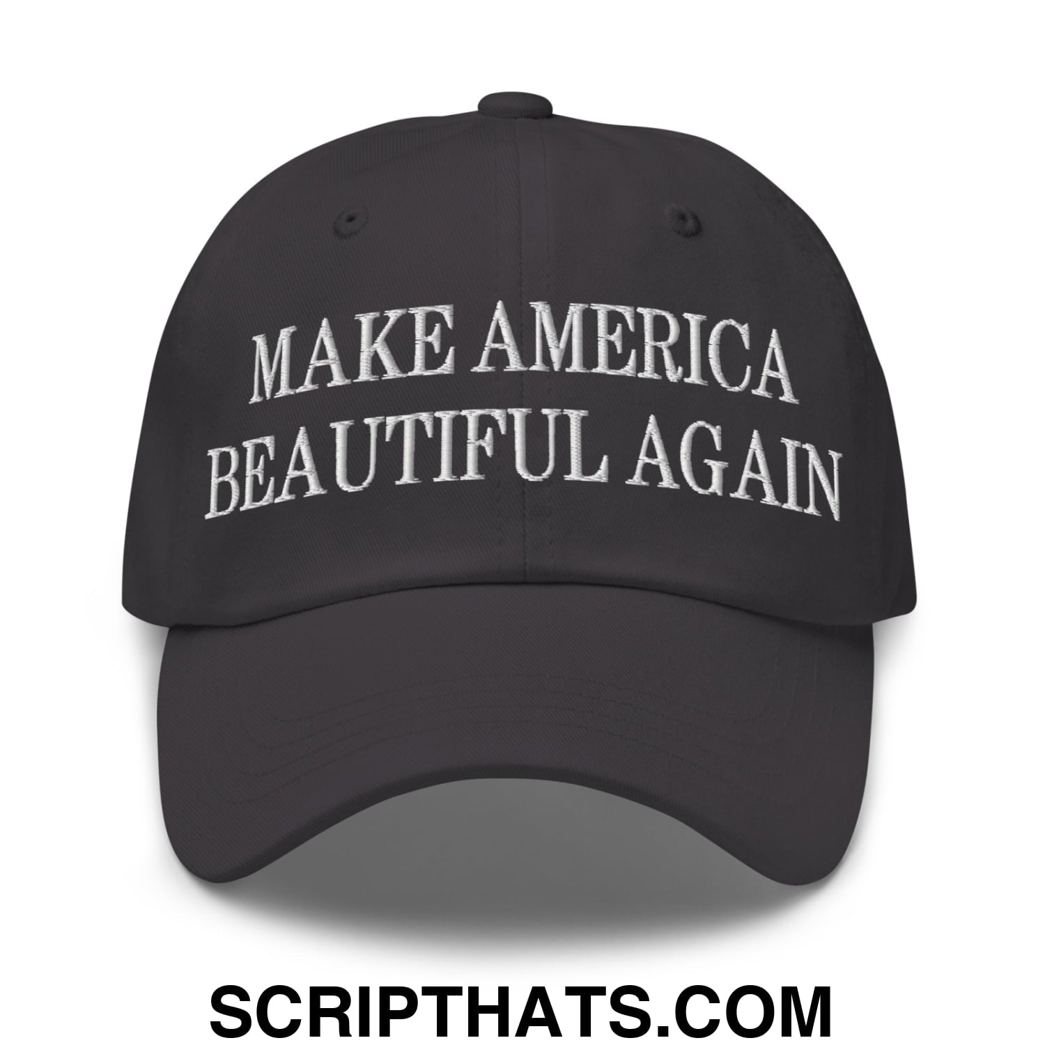 Black unstructured dad hat with white embroidered make America beautiful again text for casual wear