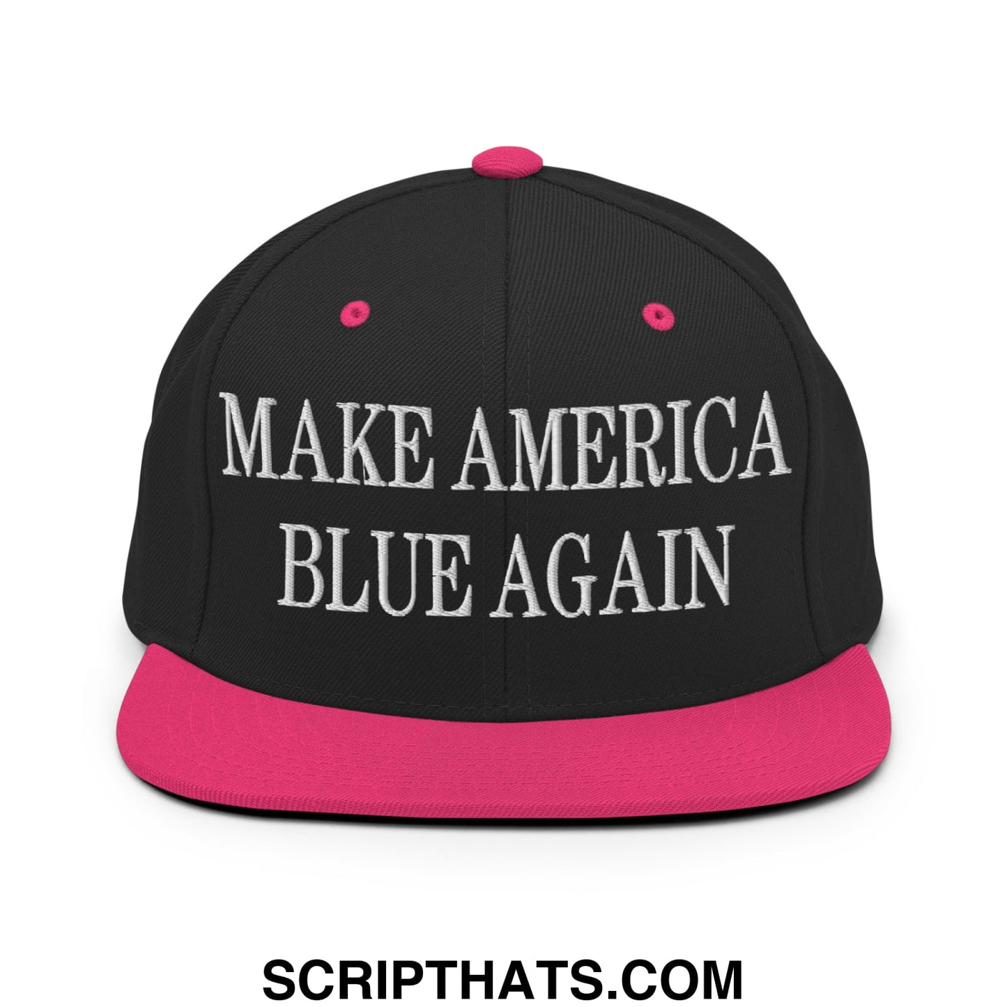 Make america blue again embroidered flat bill snapback hat in black with vibrant pink brim and white text