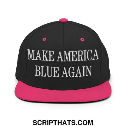 Make america blue again embroidered flat bill snapback hat in black with vibrant pink brim and white text
