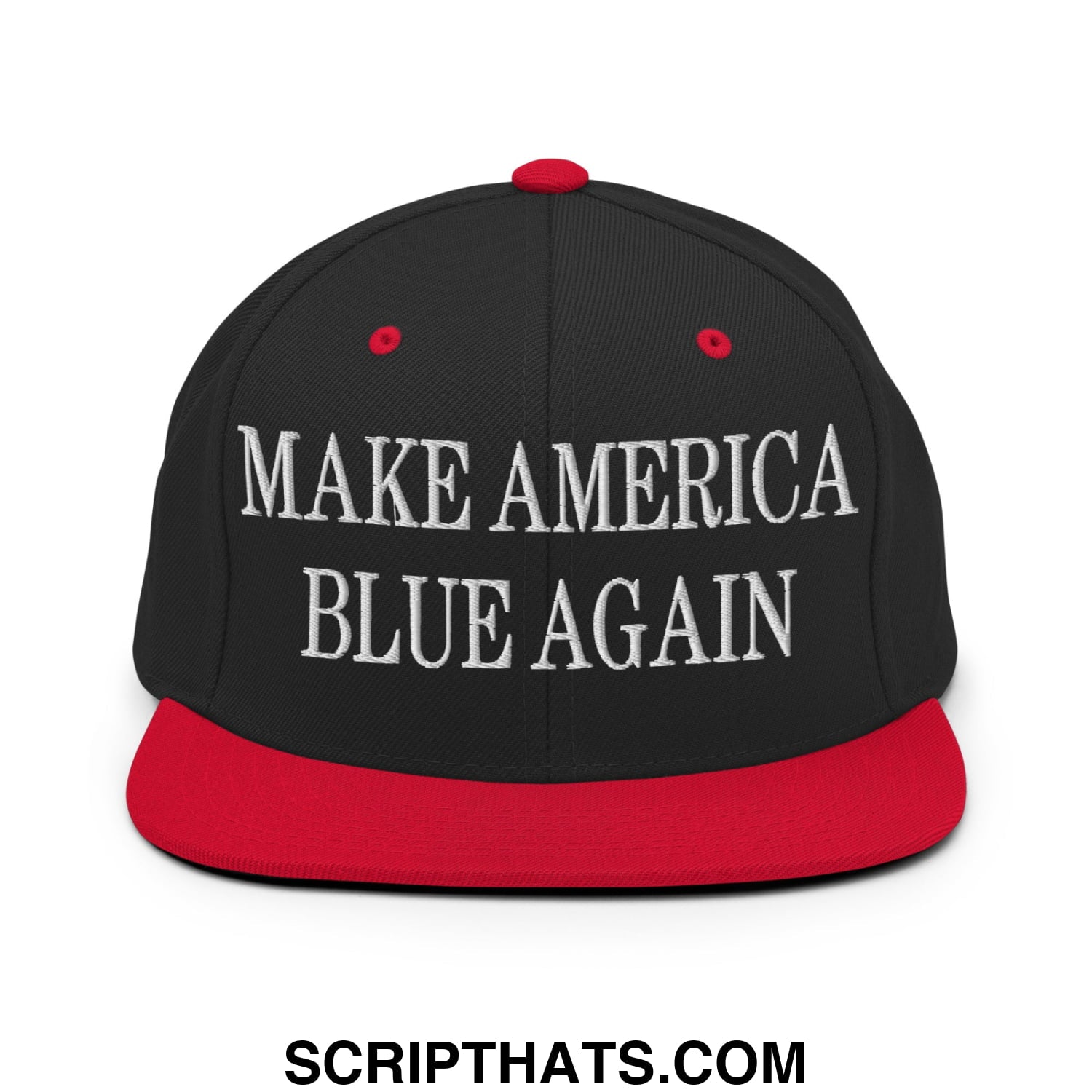 Black and red snapback hat with white embroidered make america blue again text and flat bill brim