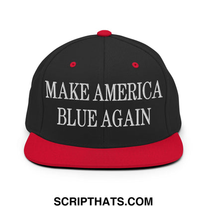 Black and red snapback hat with white embroidered make america blue again text and flat bill brim