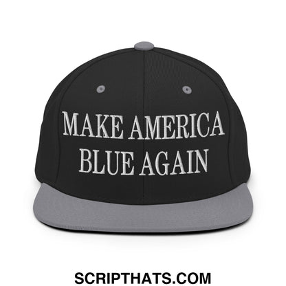 Black snapback cap with gray brim and white embroidered make america blue again text flat bill hat