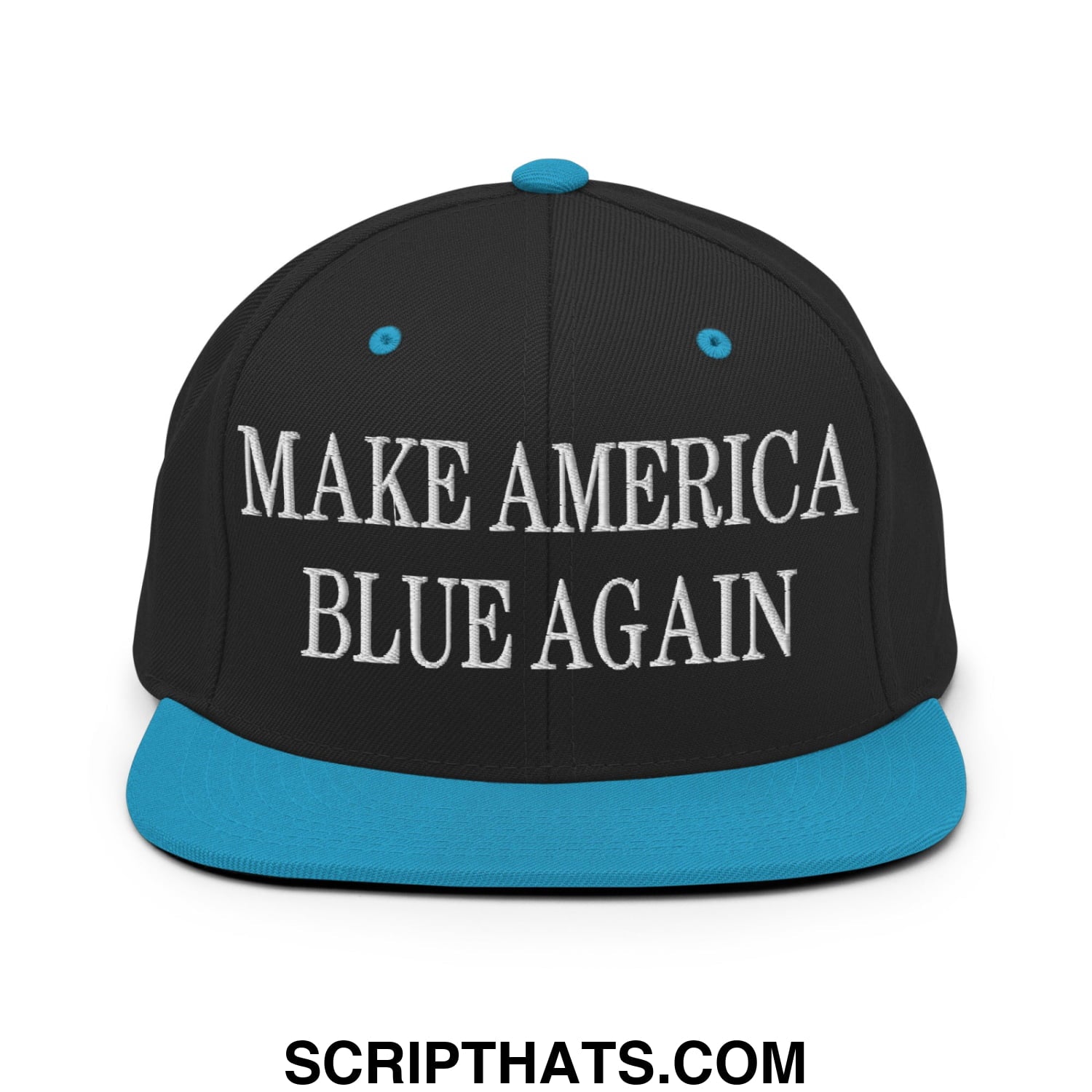 Black snapback cap with teal brim and button featuring white embroidered make america blue again text