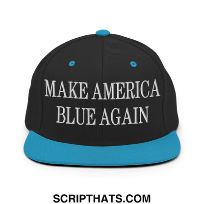 Black snapback cap with teal brim and button featuring white embroidered make america blue again text