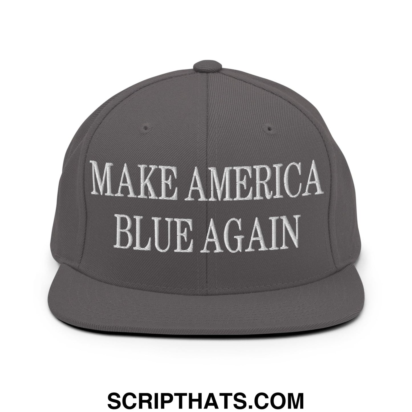 Gray snapback hat with white embroidered make america blue again text and flat bill brim for casual wear
