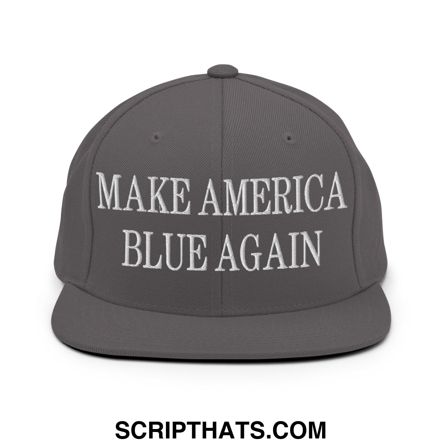 Gray snapback hat with white embroidered make america blue again text and flat bill brim for casual wear