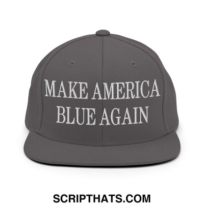 Gray snapback hat with white embroidered make america blue again text and flat bill brim for casual wear