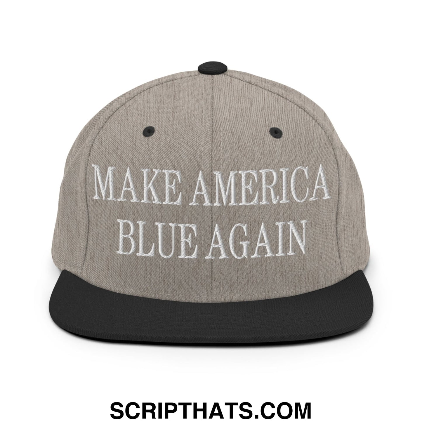 Gray and black snapback hat with white embroidered make america blue again text and flat bill brim design