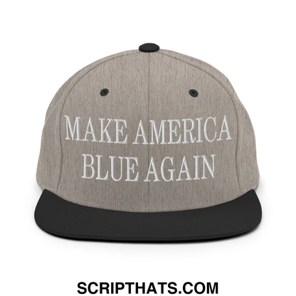 Gray and black snapback hat with white embroidered make america blue again text and flat bill brim design