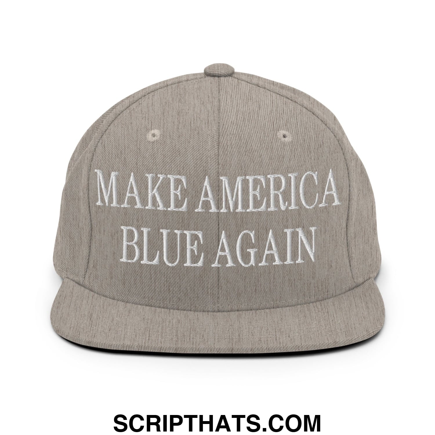 Gray snapback cap with white embroidered make america blue again text and flat bill brim for casual wear