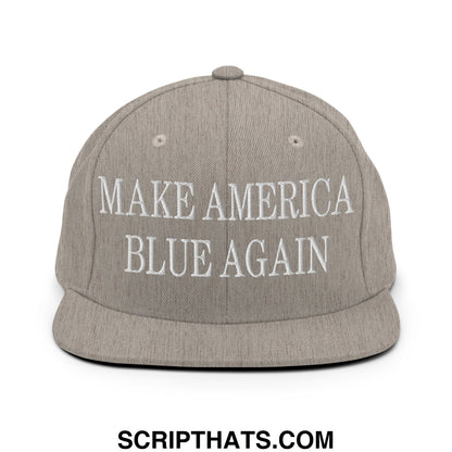 Gray snapback cap with white embroidered make america blue again text and flat bill brim for casual wear