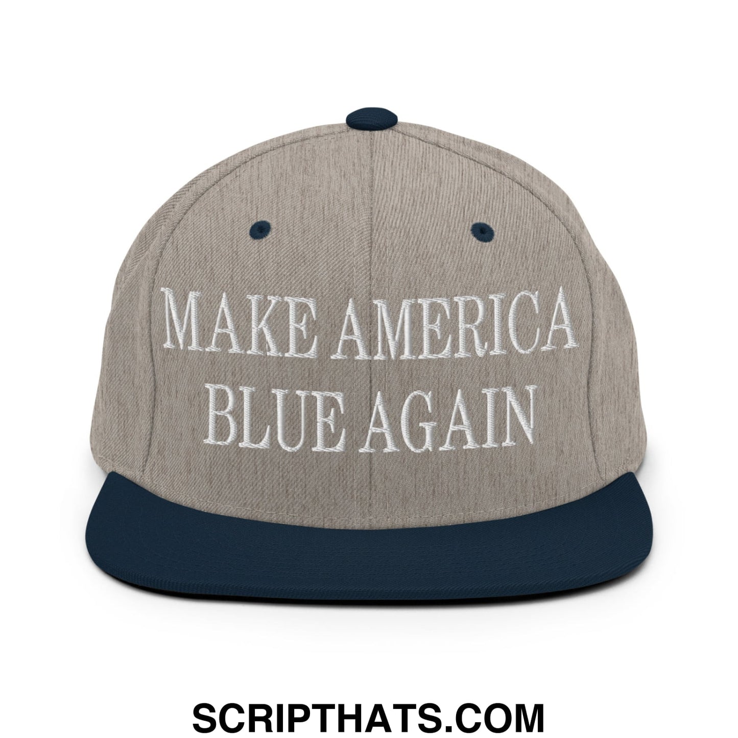 Gray and navy blue snapback hat with white embroidered make america blue again text and a flat bill brim
