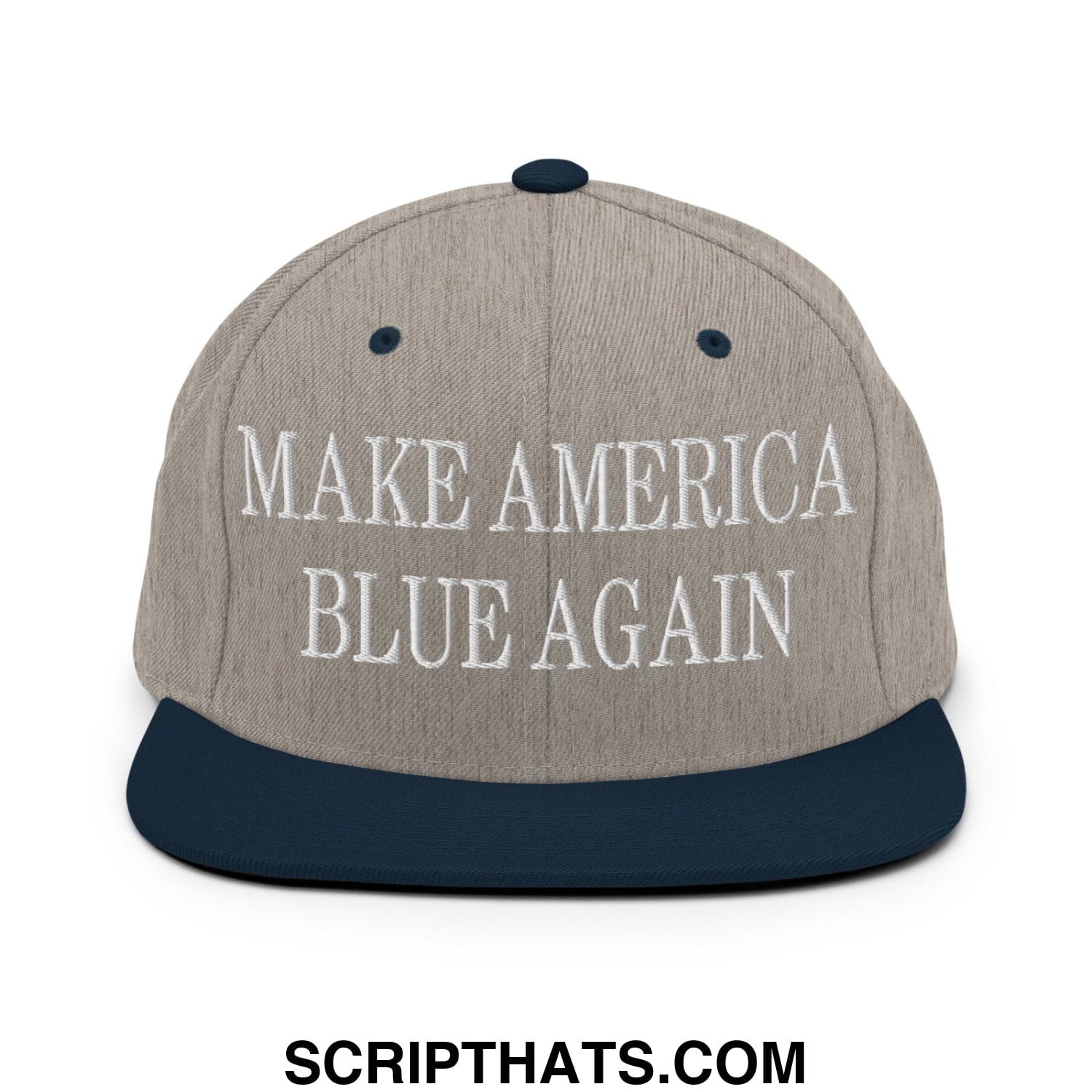 Gray and navy blue snapback hat with white embroidered make america blue again text and a flat bill brim