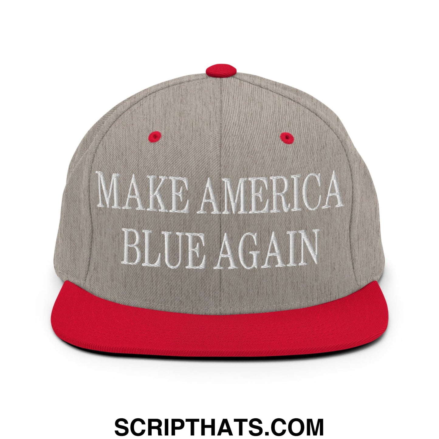 Gray and red snapback cap with white embroidered make america blue again text and flat bill brim design