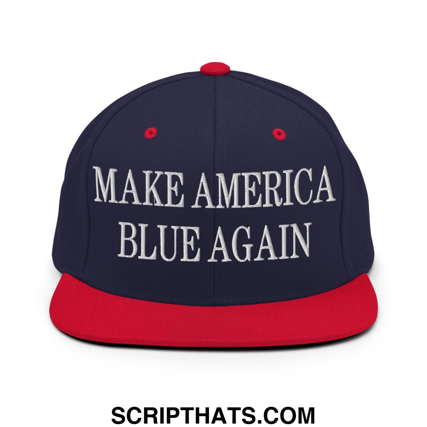 Navy blue and red snapback hat with white embroidered make america blue again text and flat bill brim design