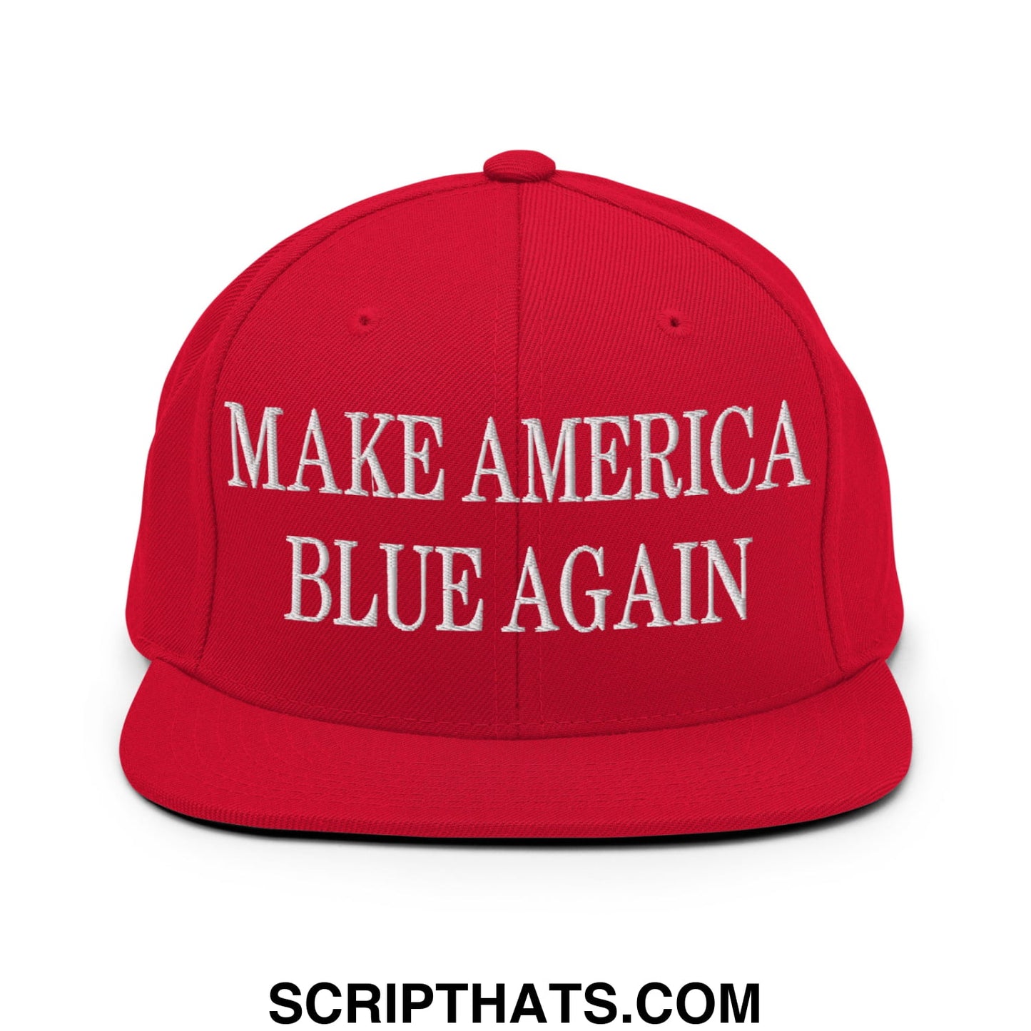 Red snapback cap with white embroidered make america blue again text and flat bill brim for casual wear