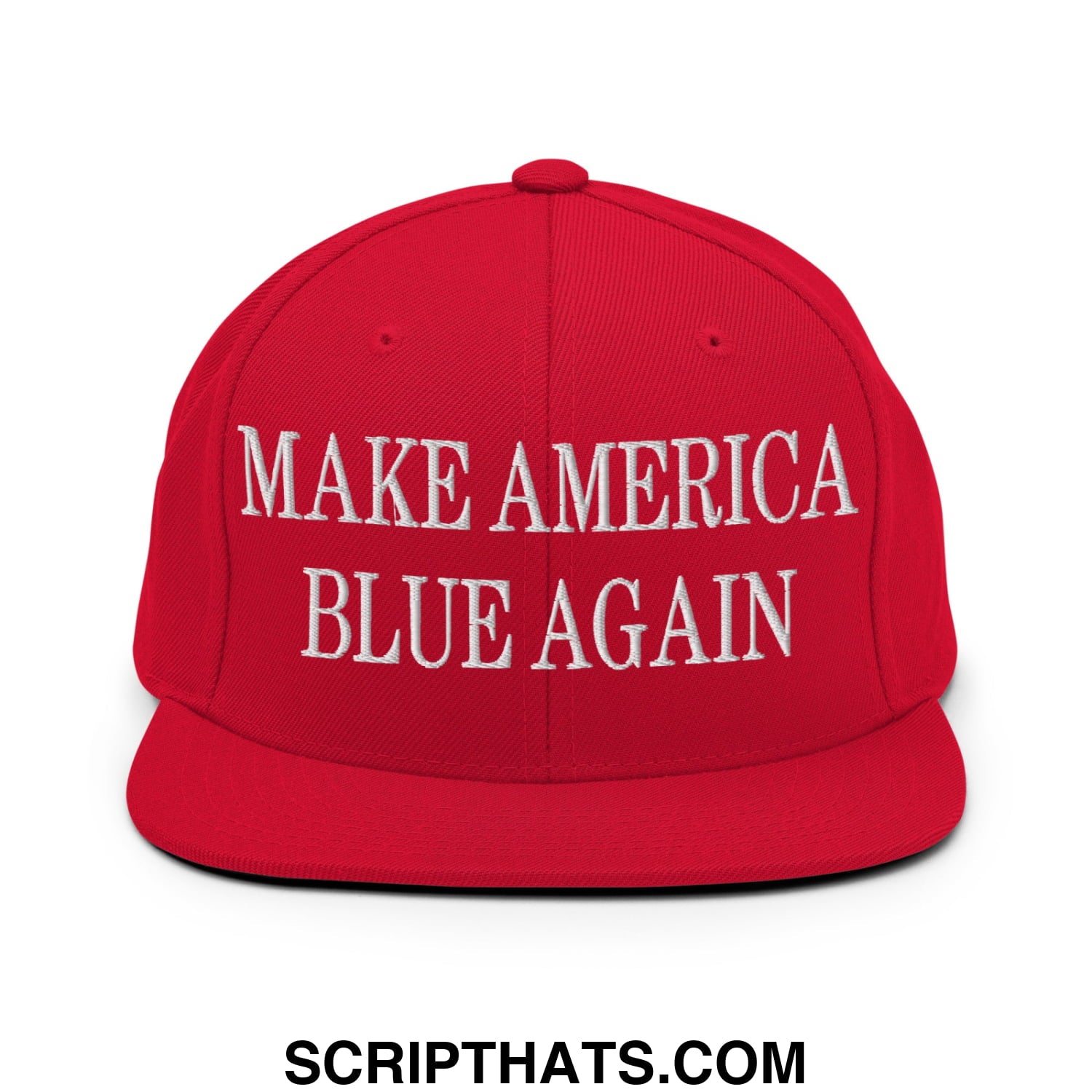 Red snapback cap with white embroidered make america blue again text and flat bill brim for casual wear