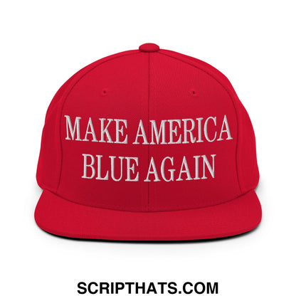 Red snapback cap with white embroidered make america blue again text and flat bill brim for casual wear