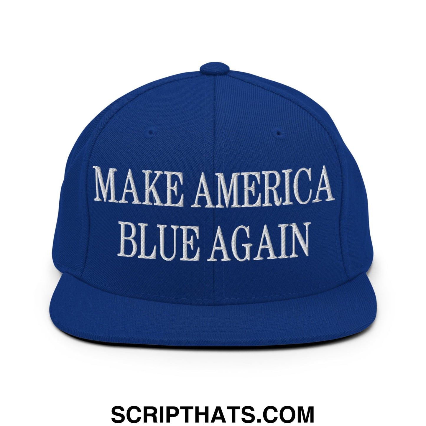 Royal blue snapback hat with white embroidered make america blue again text and flat bill brim design