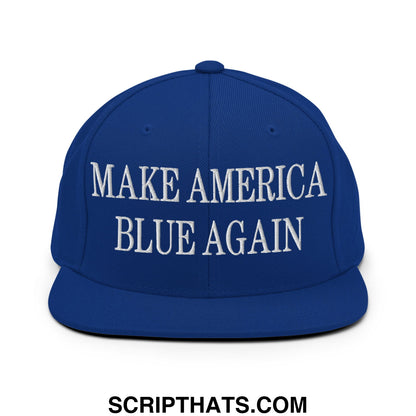 Royal blue snapback hat with white embroidered make america blue again text and flat bill brim design