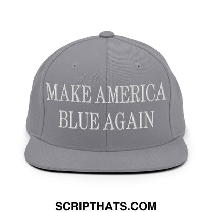 Gray snapback hat with white embroidered make america blue again text and flat bill brim design
