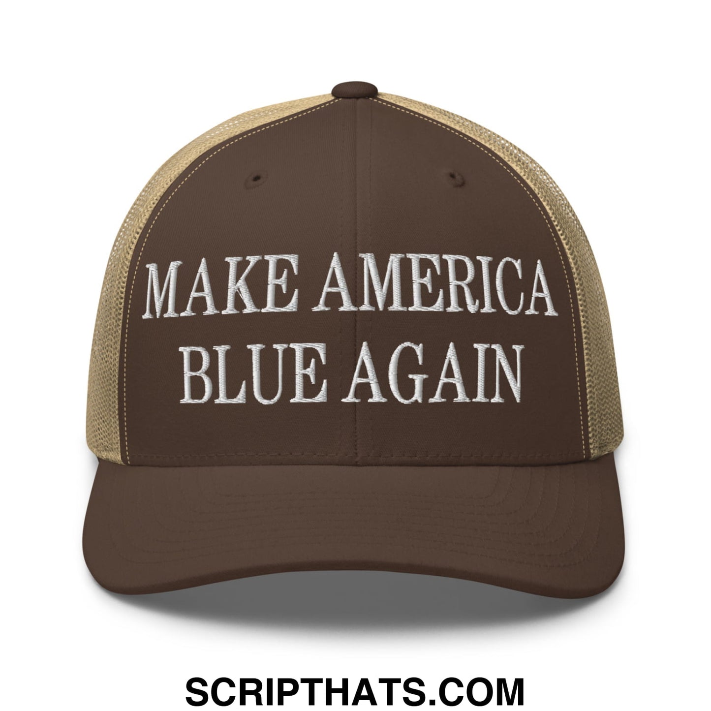 Brown and tan mesh trucker hat with white embroidered make america blue again text front view