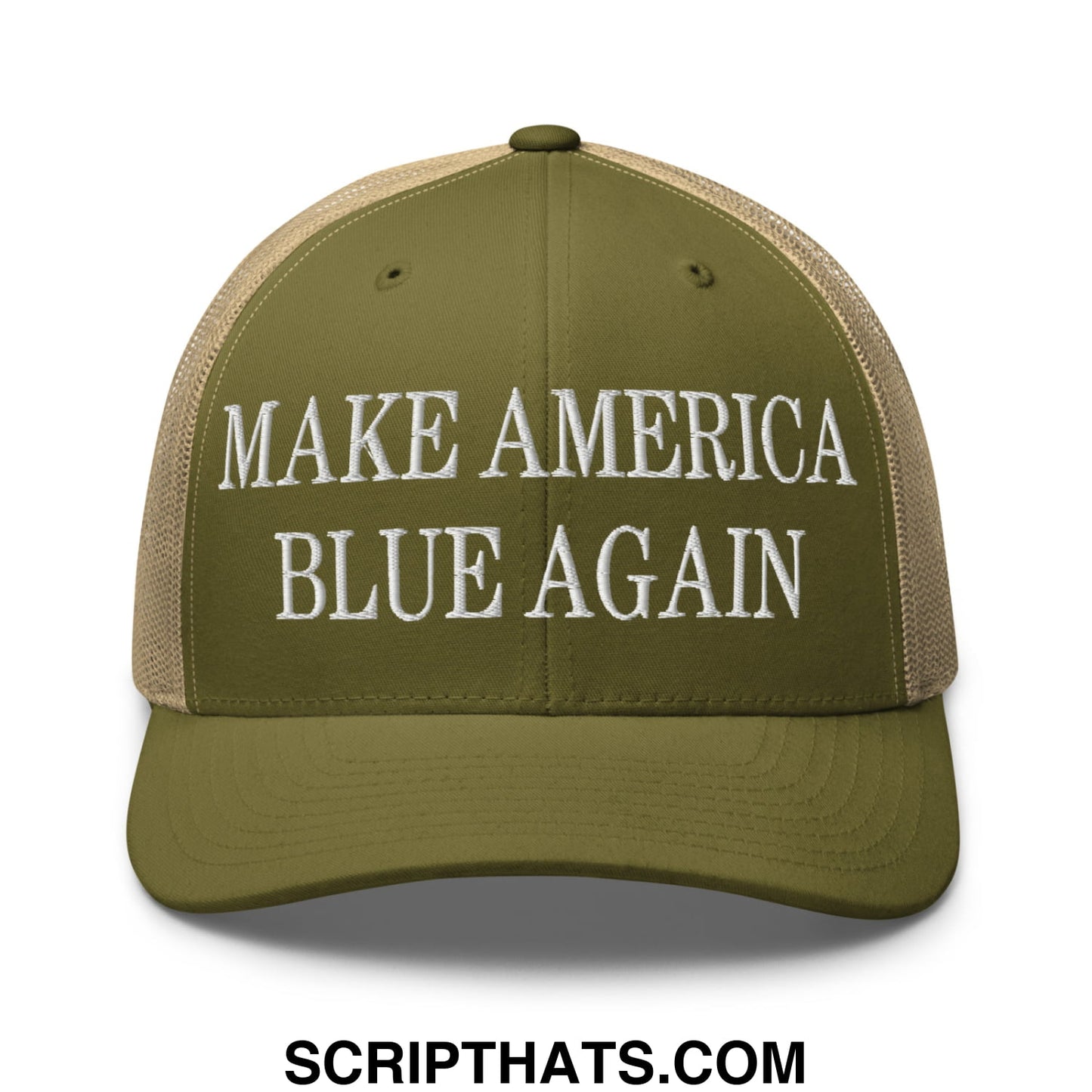 Olive green mesh trucker hat with white embroidered make america blue again text branded for casual wear