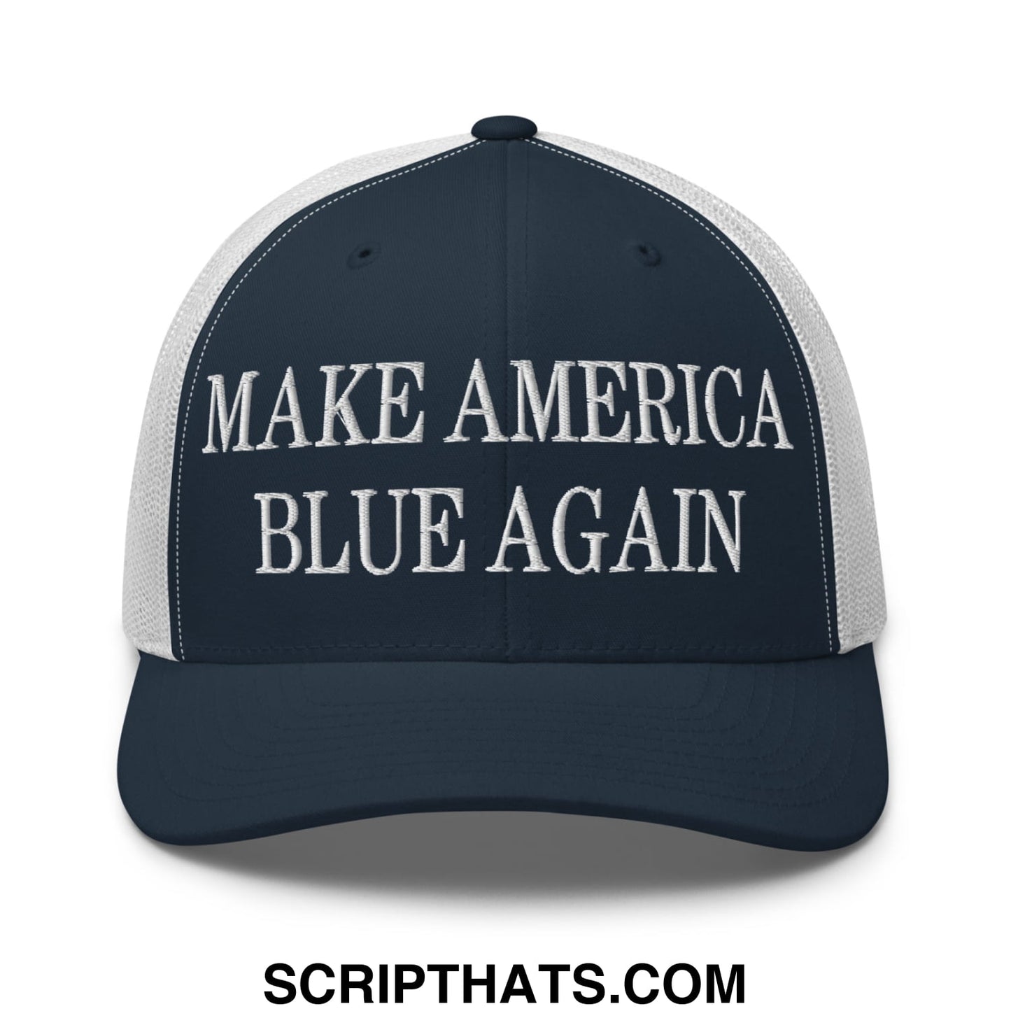 Navy blue and white mesh trucker hat embroidered with make america blue again text for casual wear