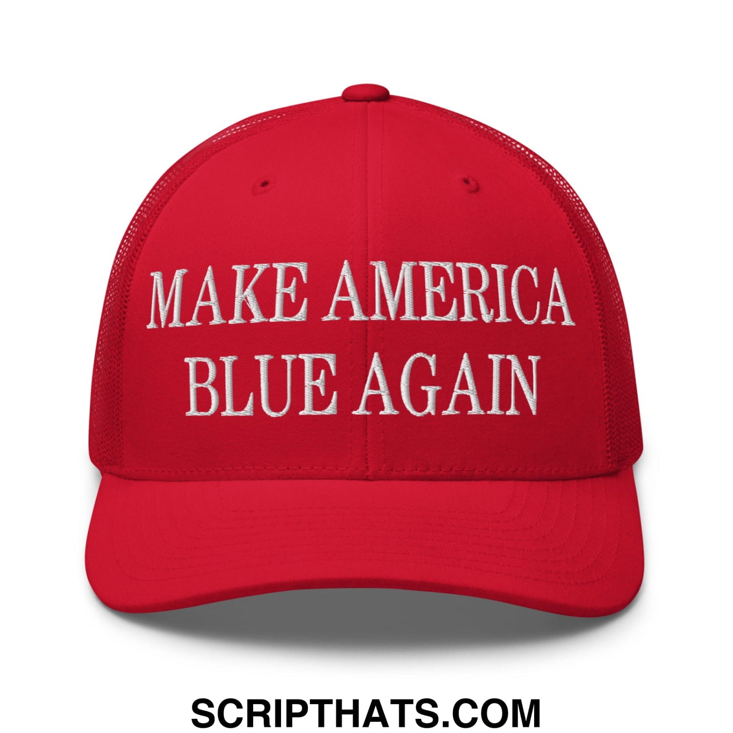 Red mesh trucker hat with white embroidered make America blue again text, perfect for casual wear