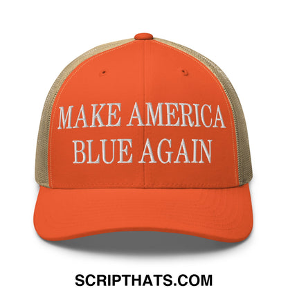 Orange and beige embroidered mesh trucker hat with white make america blue again text front panel