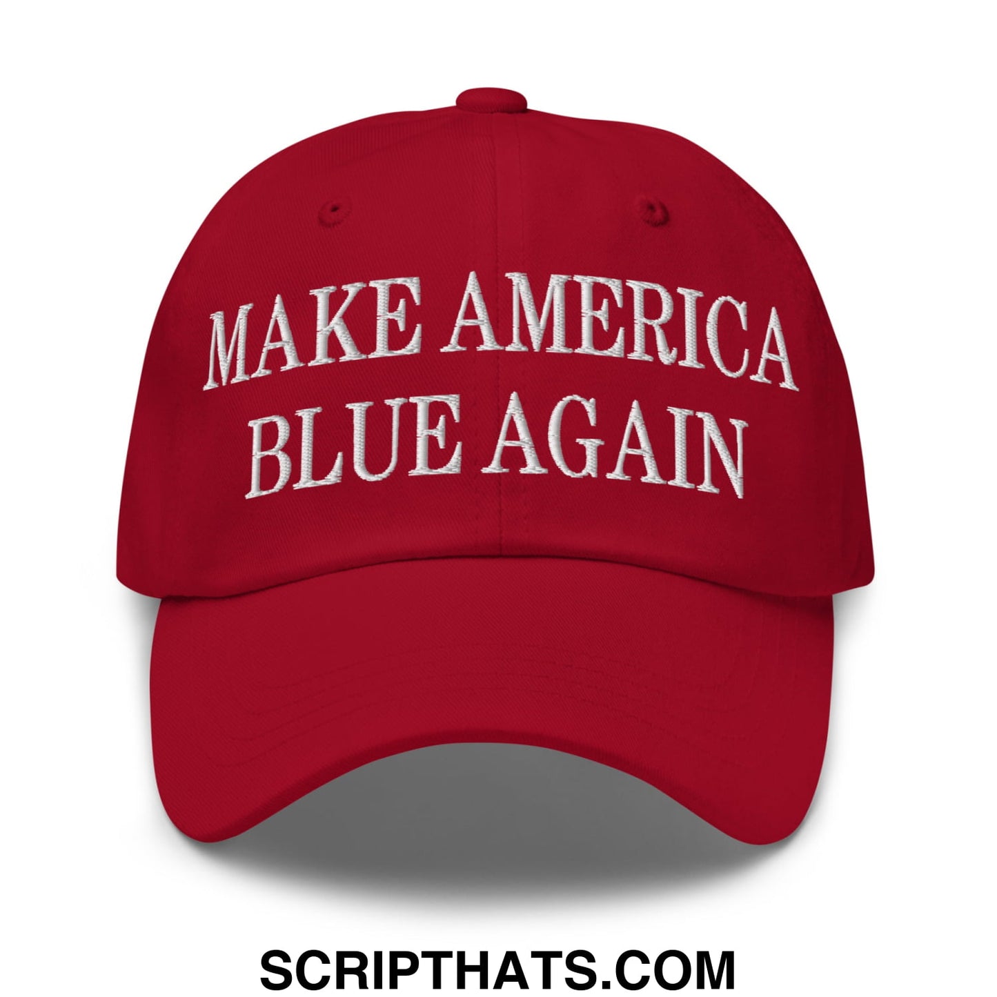 Red embroidered make america blue again unstructured dad hat baseball cap with white text for casual wear