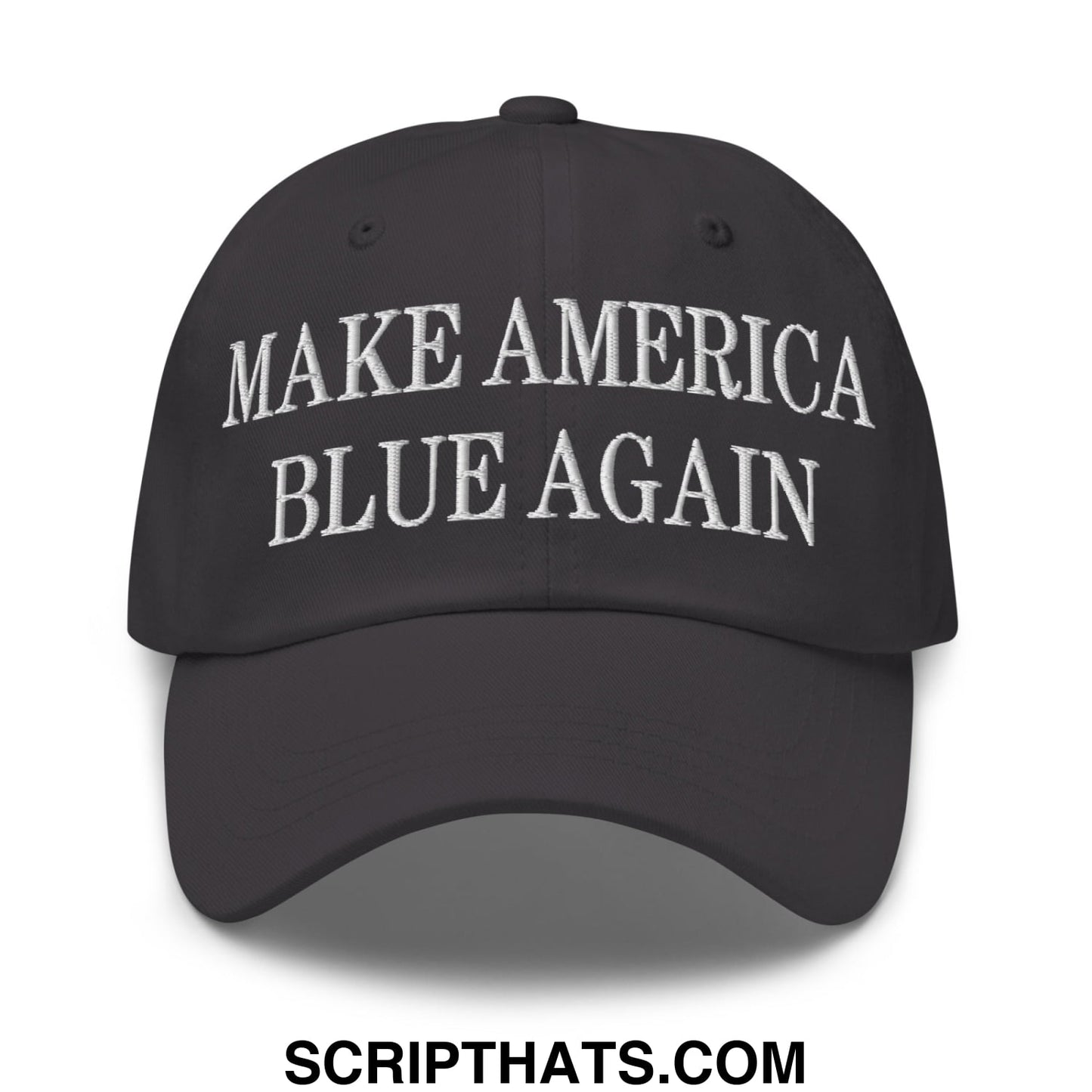 Black unstructured dad hat with white embroidered text reading make america blue again for casual wear