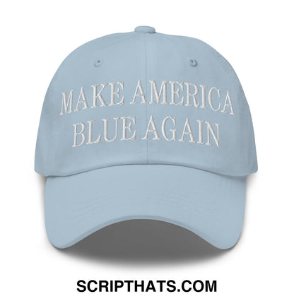Light blue unstructured dad hat with white embroidered make america blue again text for casual wear