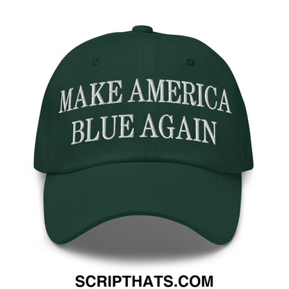 Dark green embroidered unstructured dad hat with white text make America blue again for casual wear