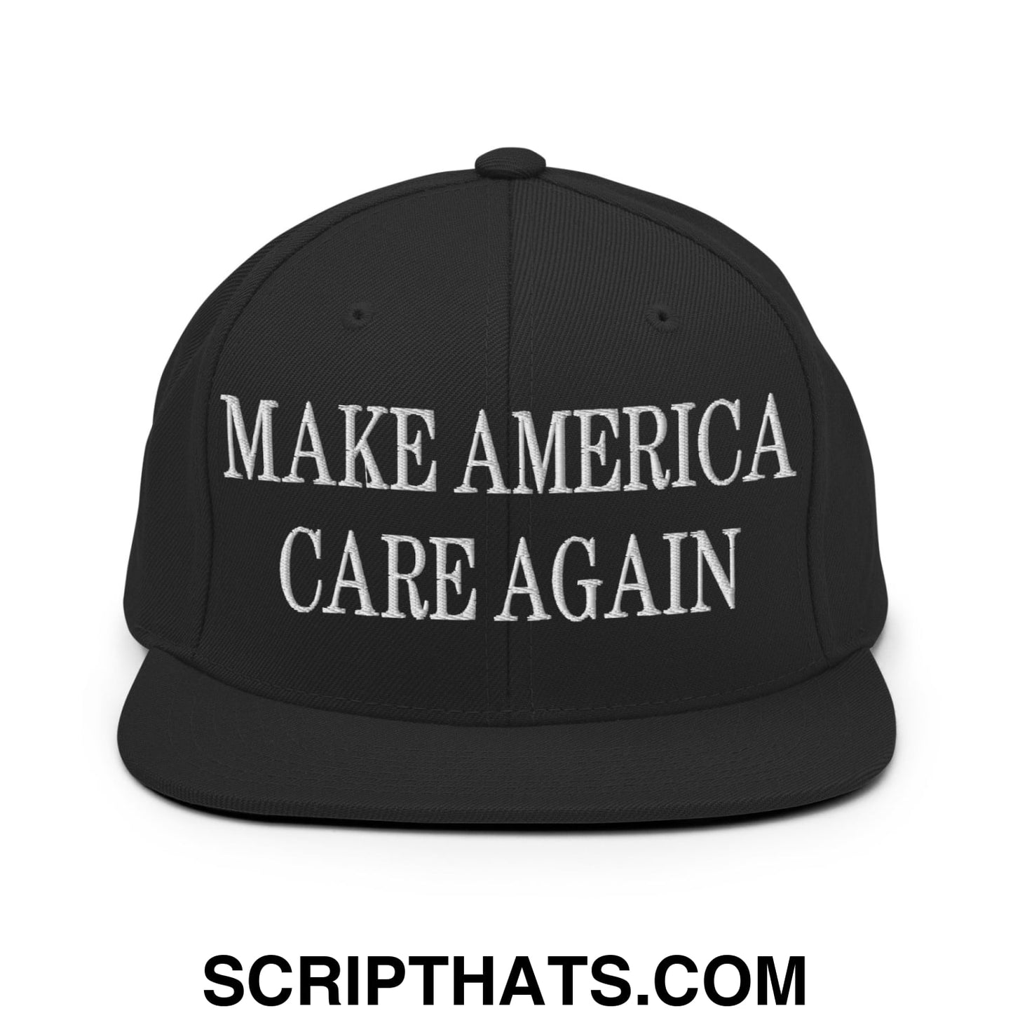 Black flat bill snapback hat with white embroidered make america care again text on the front panel