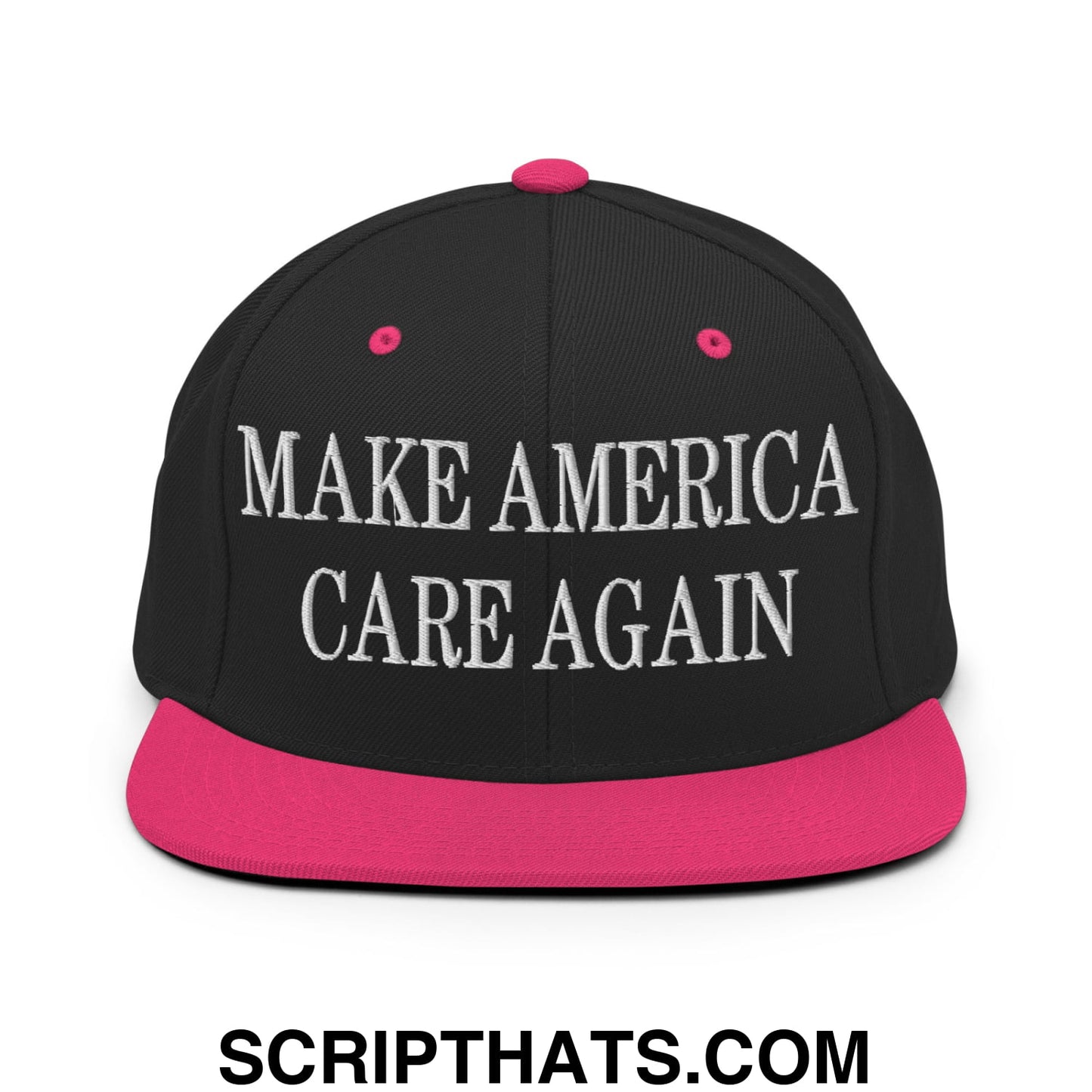 Black snapback cap with vibrant pink brim and button featuring white embroidered make america care again text