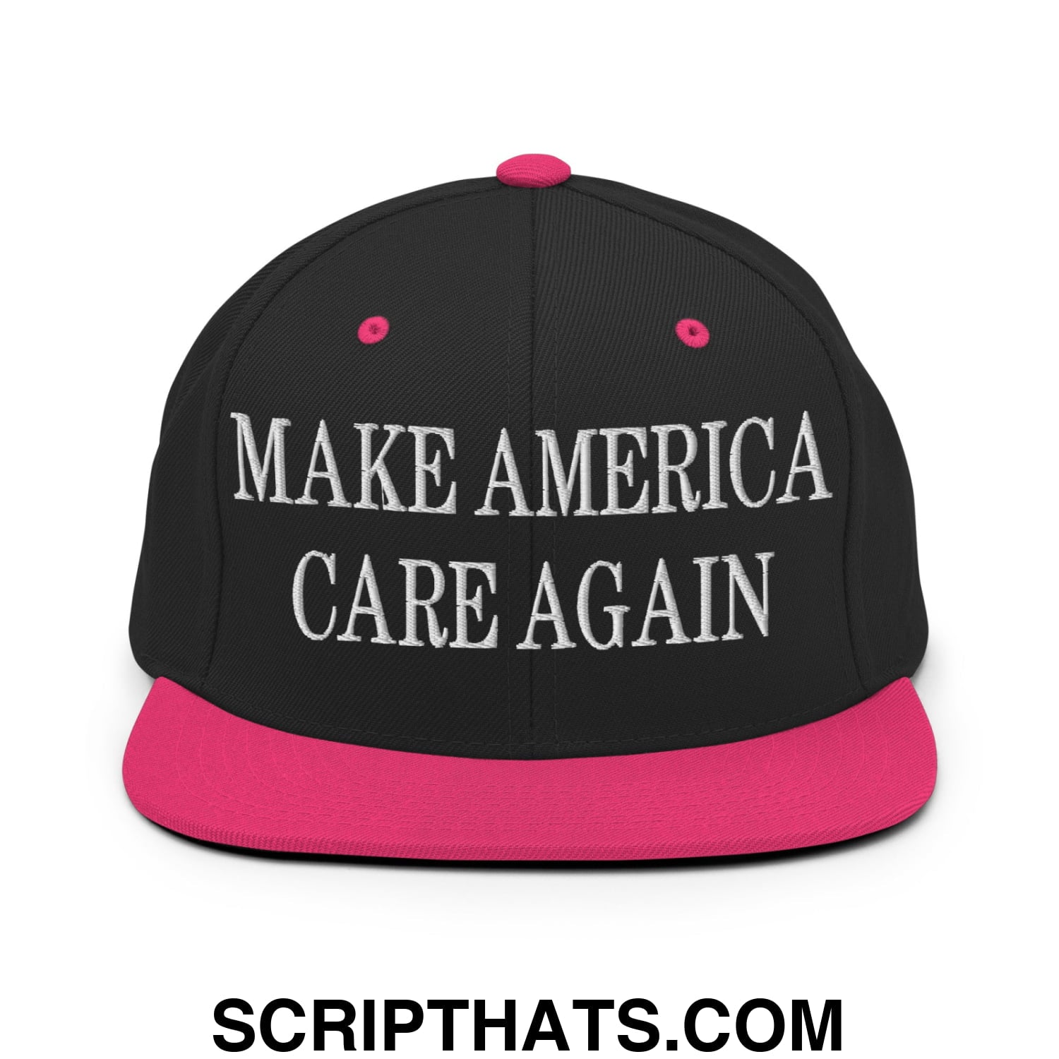 Black snapback cap with vibrant pink brim and button featuring white embroidered make america care again text