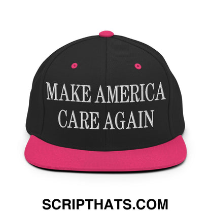 Black snapback cap with vibrant pink brim and button featuring white embroidered make america care again text