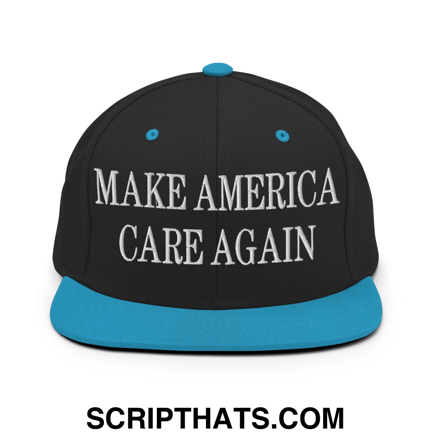 Black snapback cap with teal brim and button featuring white embroidered make america care again text