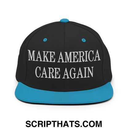 Black snapback cap with teal brim and button featuring white embroidered make america care again text
