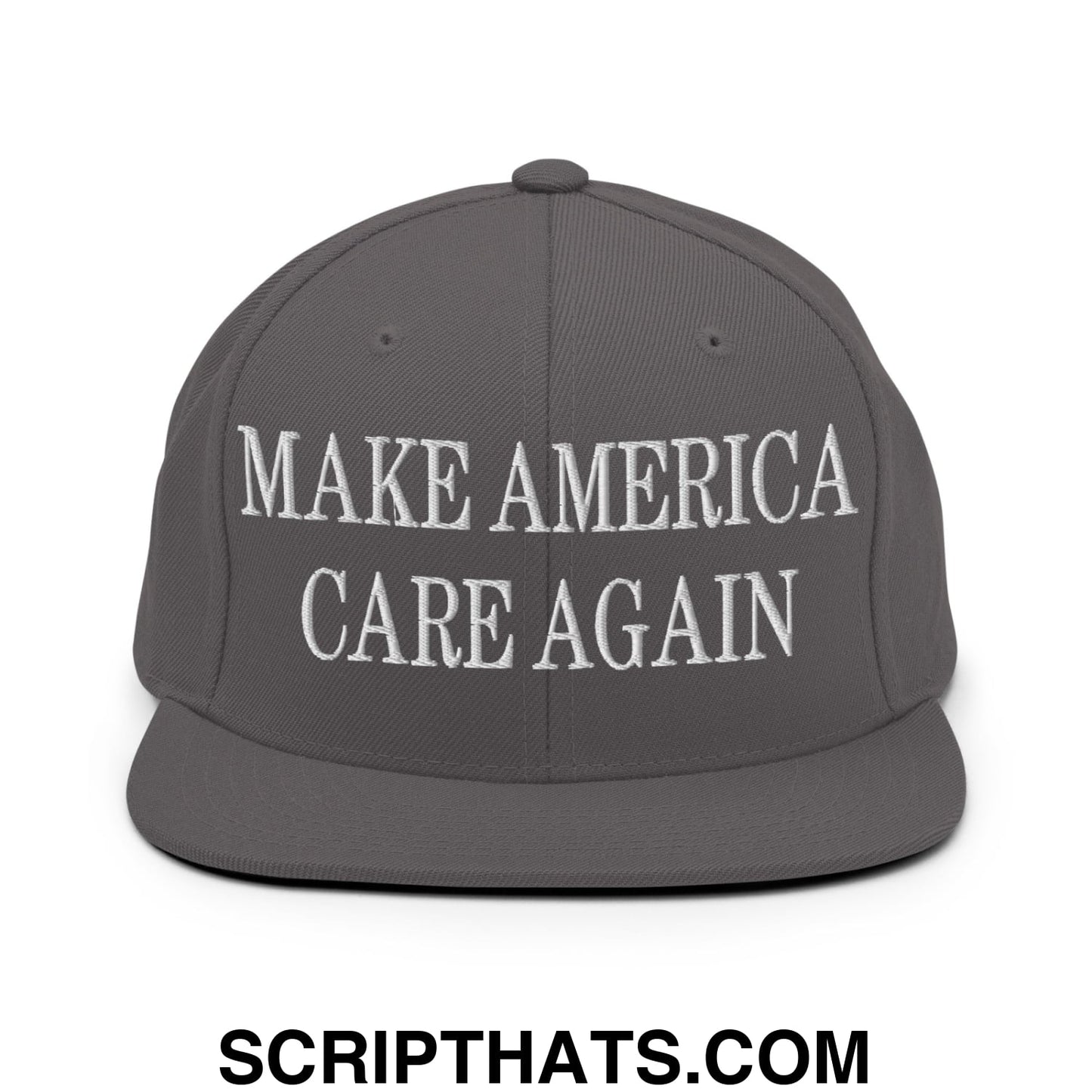 Gray snapback cap with white embroidered make America care again text and flat bill brim for casual wear